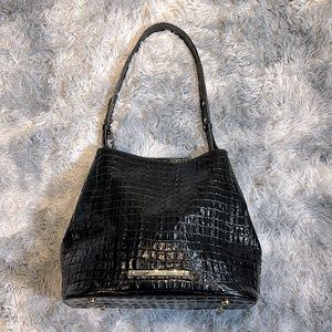 BRAHMIN Classic Croc Embossed Leather - All Black Leather Bucket Style Tote Bag!